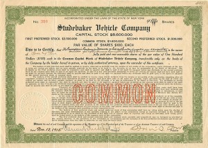 Studebaker Vehicle Co. signed by Clement Studebaker Jr. - Stock Certificate
